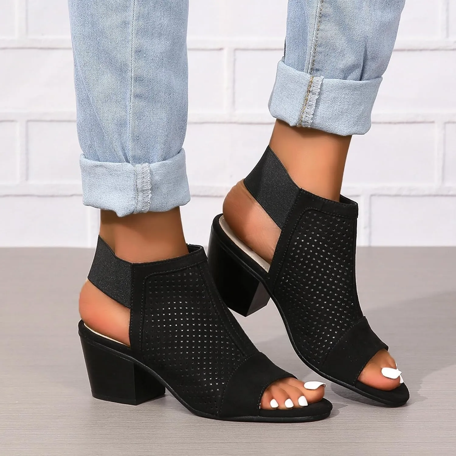 Women Peep Toe Booties Open Toe Boots Cutout Ankle Strap Mid Black Chunky Heel Block Sandals