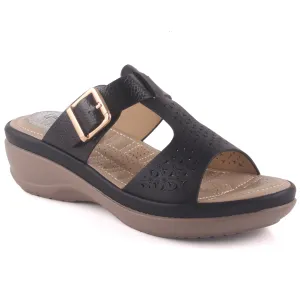 Women "XIMENA" Open Toe Perforated Buckled Wedge Slippers