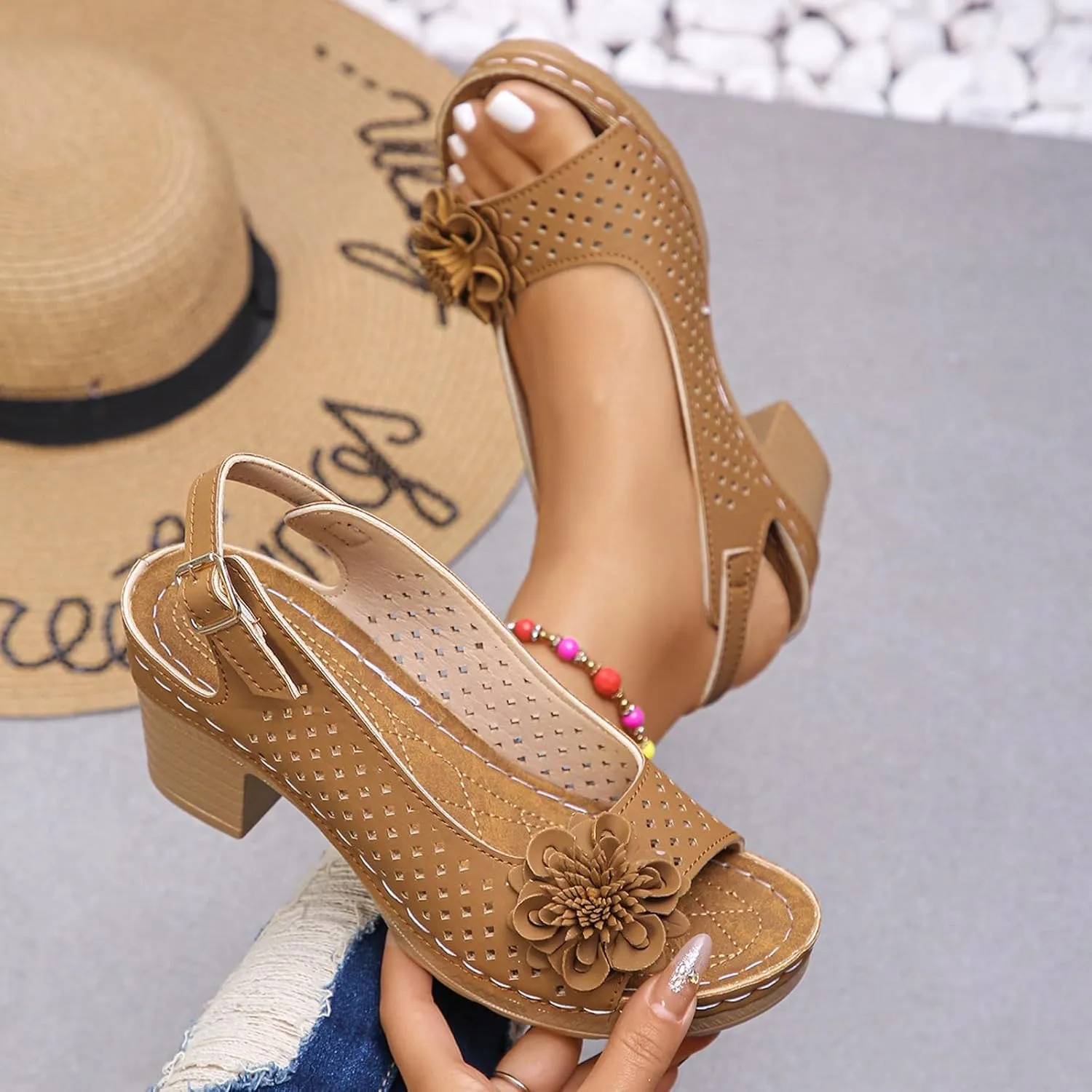 Women‘s Block Heel Sandals with Arch Support Orthopedic 2025 Open Toe Heeled Sandals Cut Out Geometric Low Summer Comfortable Sandal For Party Dress