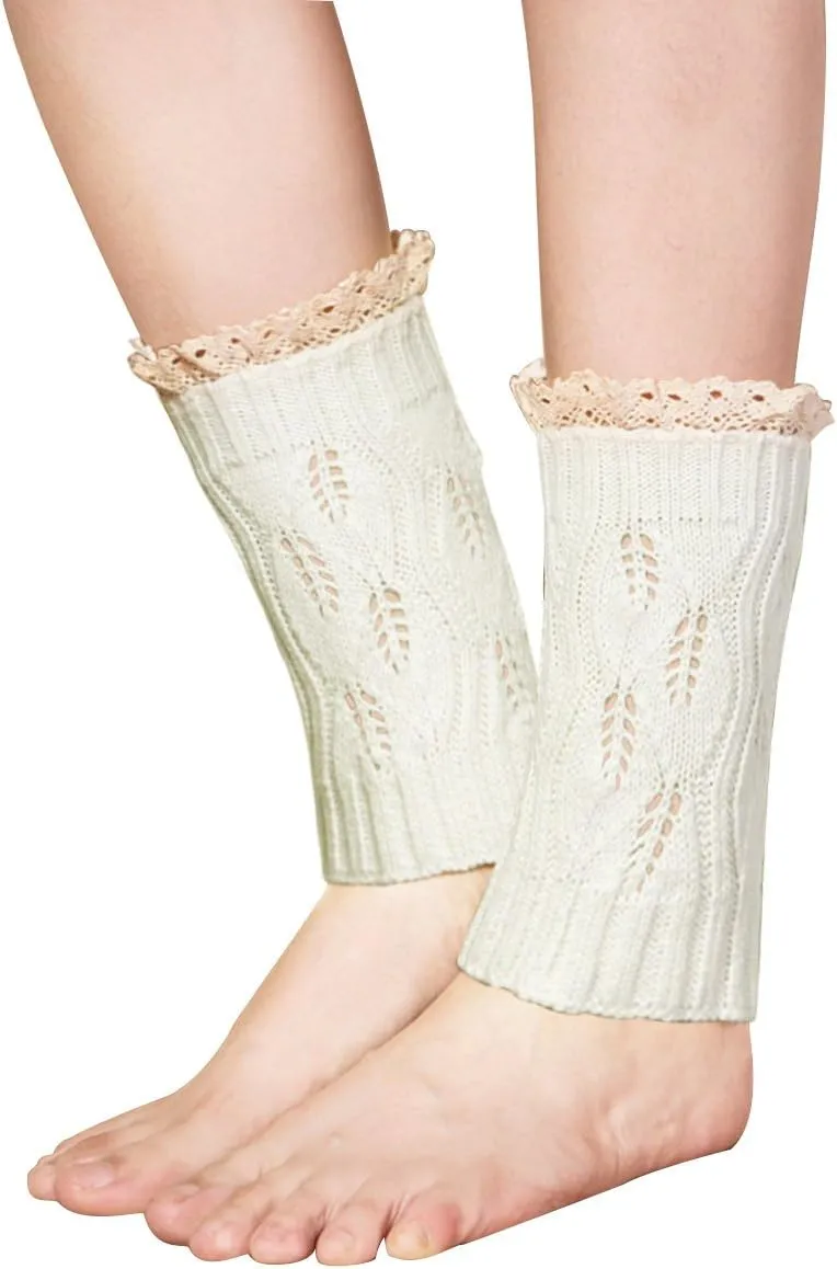 Womens Boot Socks-Winter Short Ankle Leg Warmers Lace Crochet Knitted Boot Cuffs for Women Knee High Thick Boots Topper Socks