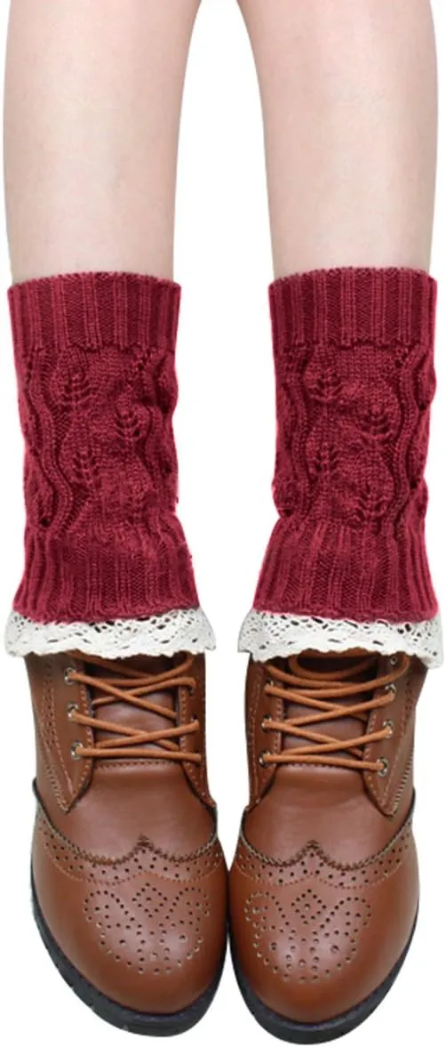 Womens Boot Socks-Winter Short Ankle Leg Warmers Lace Crochet Knitted Boot Cuffs for Women Knee High Thick Boots Topper Socks