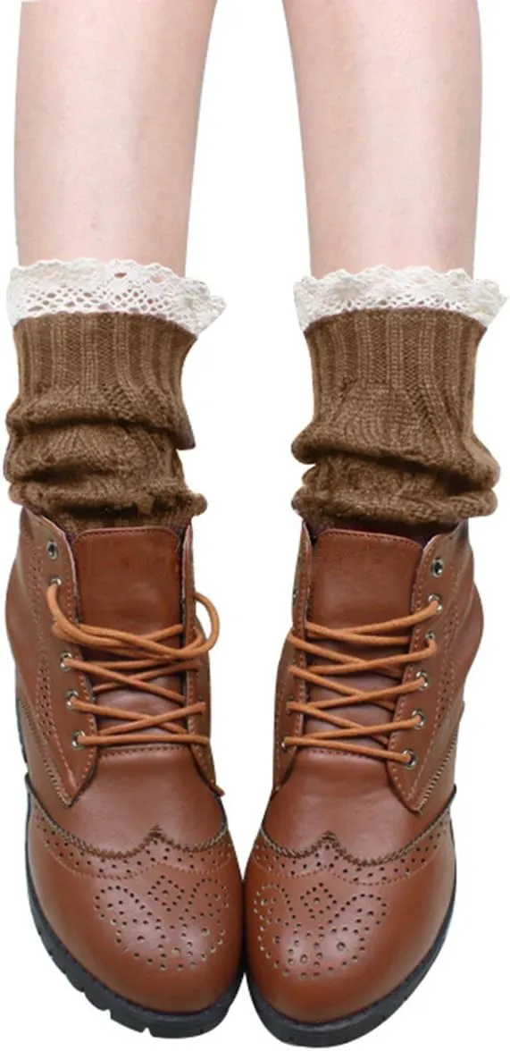 Womens Boot Socks-Winter Short Ankle Leg Warmers Lace Crochet Knitted Boot Cuffs for Women Knee High Thick Boots Topper Socks