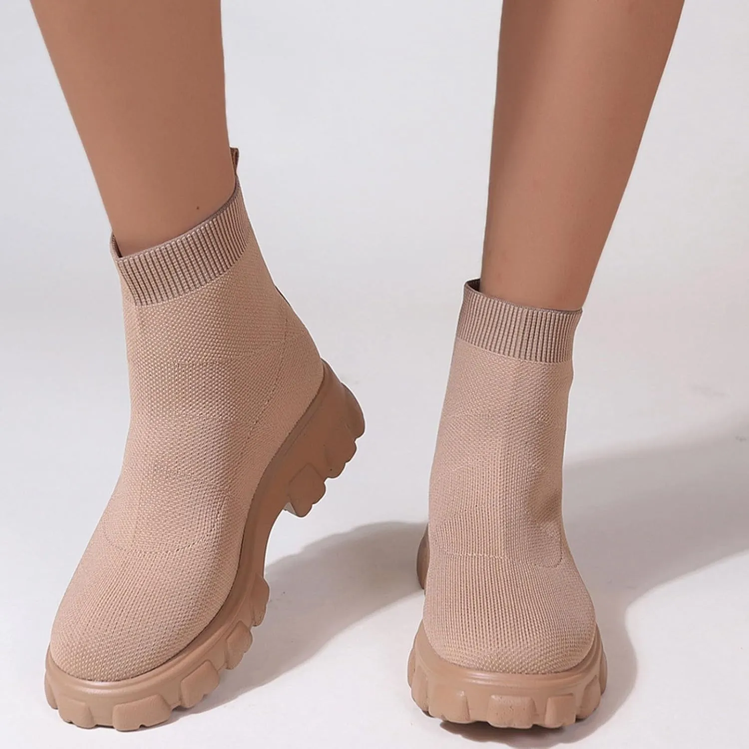 Womens Booties Low Heel Knit Boots Platform Ankle Boots Women's Boots Elastic Platform Ankle Booties Chunky Heel Boots