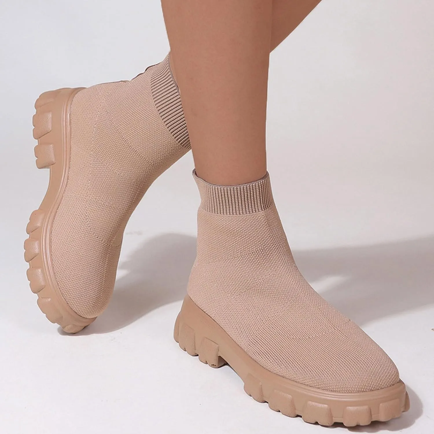 Womens Booties Low Heel Knit Boots Platform Ankle Boots Women's Boots Elastic Platform Ankle Booties Chunky Heel Boots