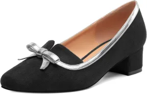 Women's Bowknot Low Chunky Block Heels Suede Square Closed Toe Slip On Pumps Evening Wedding Party Office Work Dress Shoes ﻿