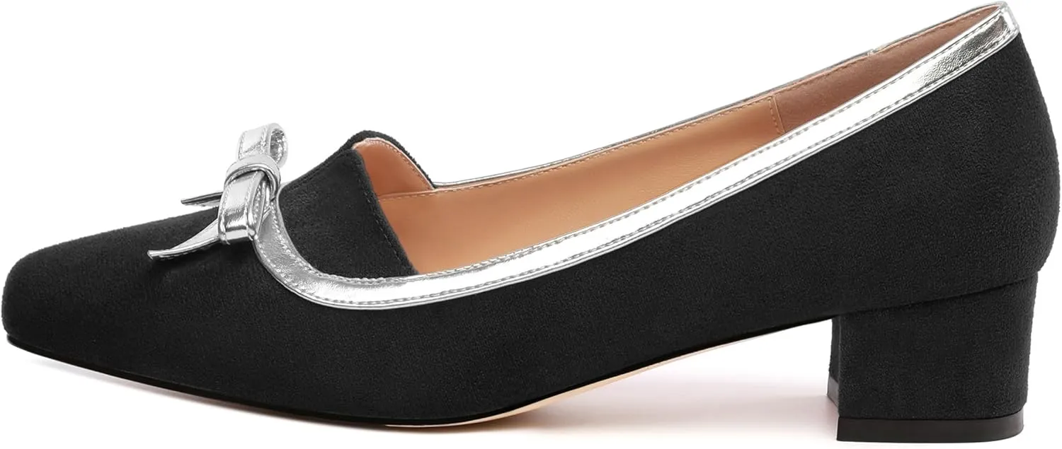Women's Bowknot Low Chunky Block Heels Suede Square Closed Toe Slip On Pumps Evening Wedding Party Office Work Dress Shoes ﻿