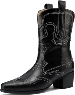 Womens Embroidered Cowgirl Boots Pull On Cowboy Boots for Women Floral Low Chunky Heel Western Boots