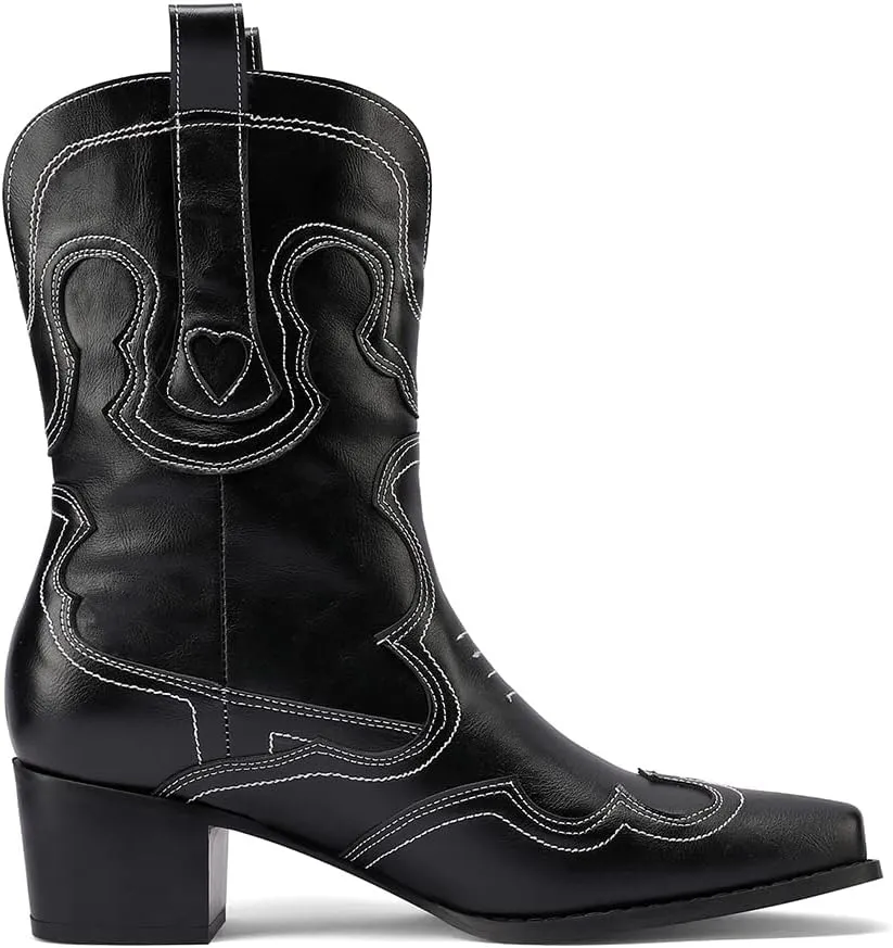 Womens Embroidered Cowgirl Boots Pull On Cowboy Boots for Women Floral Low Chunky Heel Western Boots
