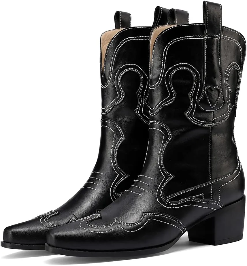 Womens Embroidered Cowgirl Boots Pull On Cowboy Boots for Women Floral Low Chunky Heel Western Boots