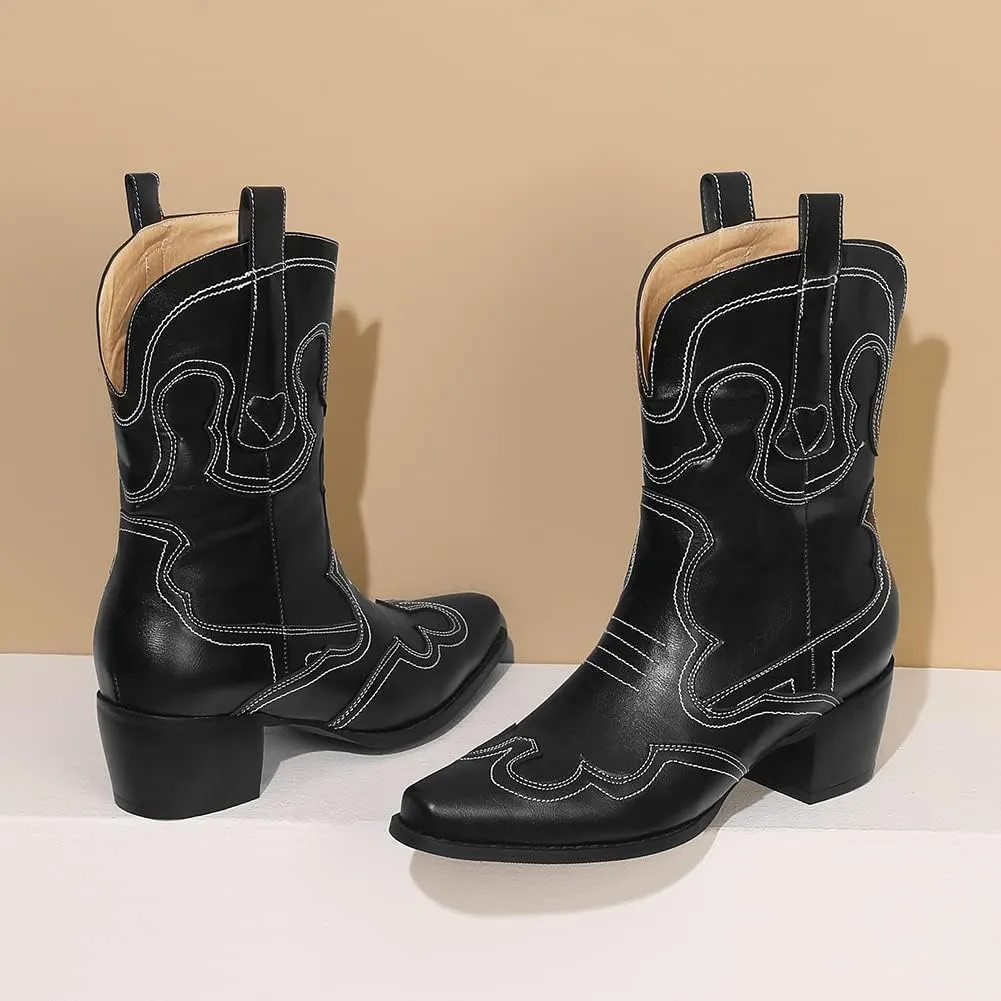 Womens Embroidered Cowgirl Boots Pull On Cowboy Boots for Women Floral Low Chunky Heel Western Boots