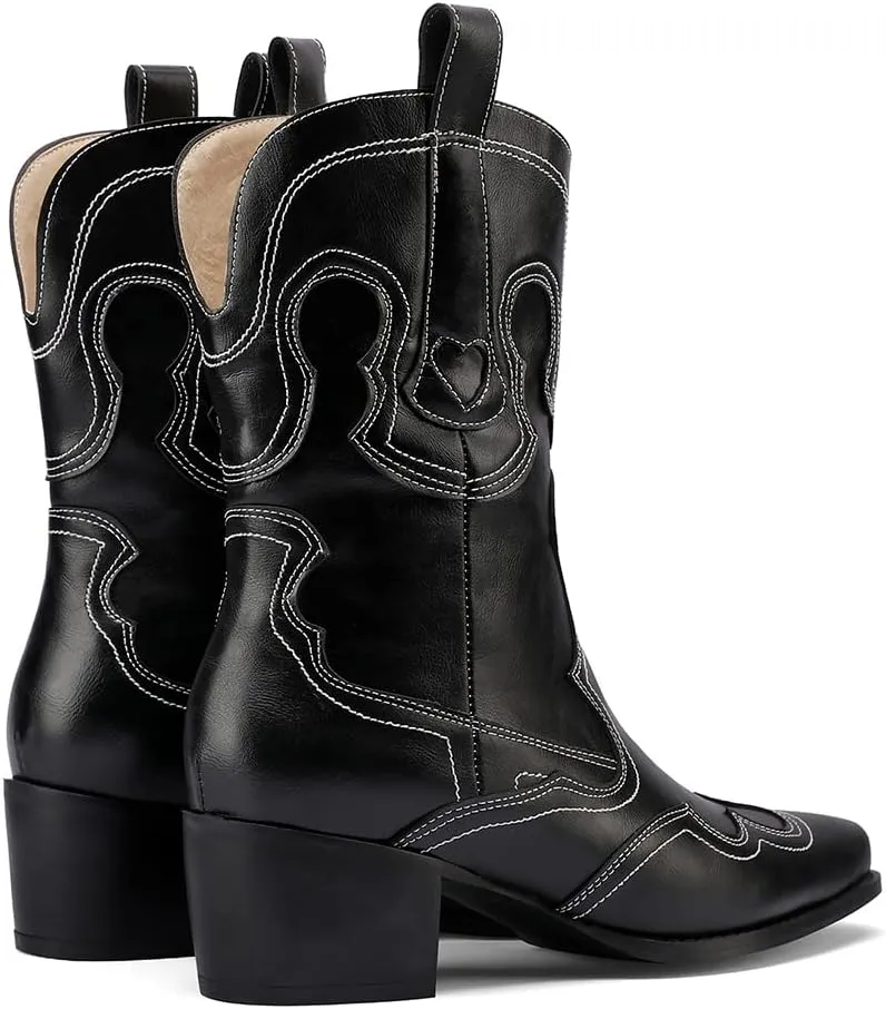 Womens Embroidered Cowgirl Boots Pull On Cowboy Boots for Women Floral Low Chunky Heel Western Boots