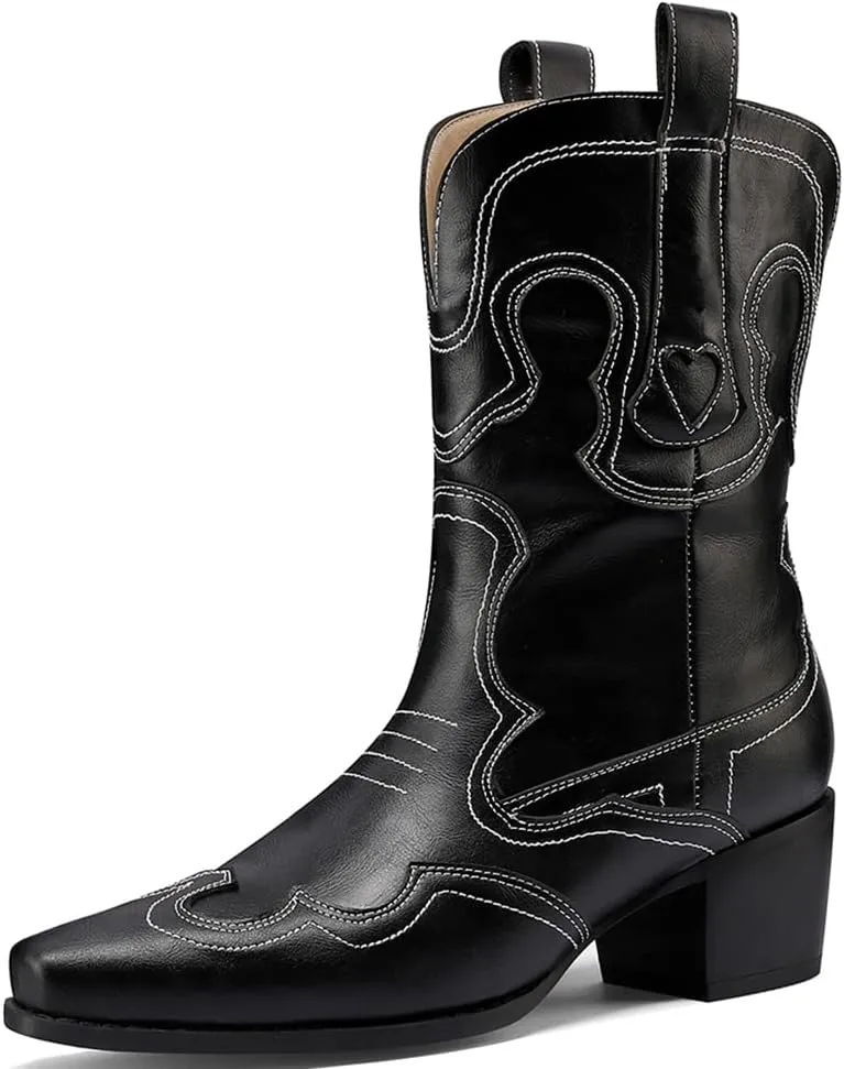 Womens Embroidered Cowgirl Boots Pull On Cowboy Boots for Women Floral Low Chunky Heel Western Boots