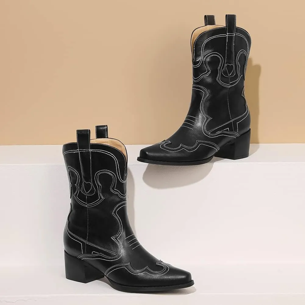 Womens Embroidered Cowgirl Boots Pull On Cowboy Boots for Women Floral Low Chunky Heel Western Boots