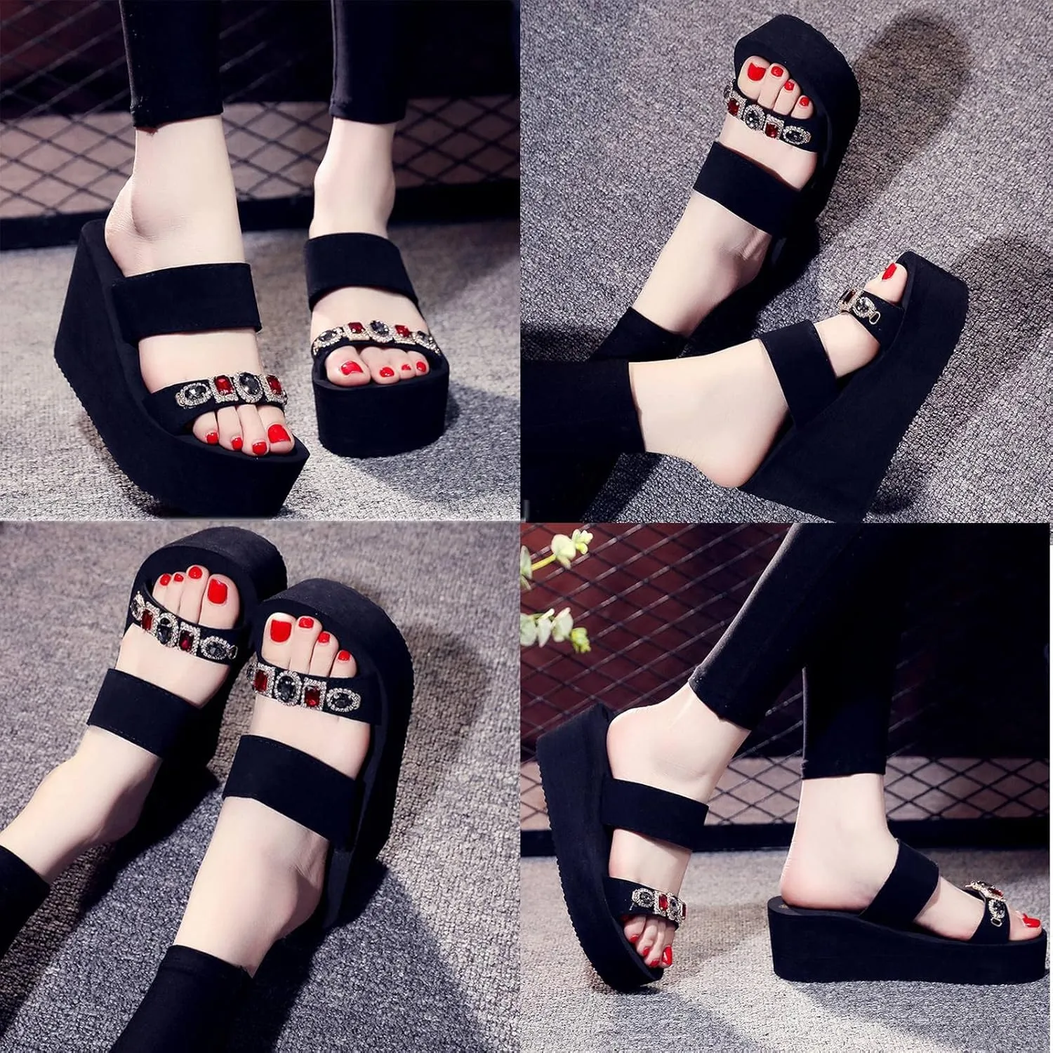 Women's Fashion Rhinestone Slip On Wedge Slipper Sandals,Platform Open Toe Casual Comfy Beach Walking Sandals Business Party Fashion Dress chunck Heel Sandals
