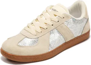Women’s Glitter Sparkly Fashion Sneakers – Classic Retro Lace-Up Trainers with Non-Slip Gum Sole and Cushioned Insole for Casual Walking Street Style