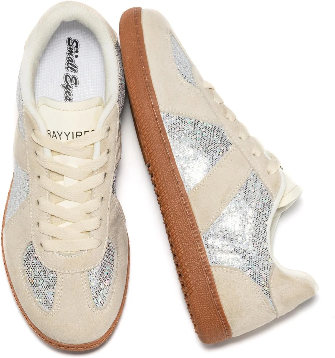 Women’s Glitter Sparkly Fashion Sneakers – Classic Retro Lace-Up Trainers with Non-Slip Gum Sole and Cushioned Insole for Casual Walking Street Style