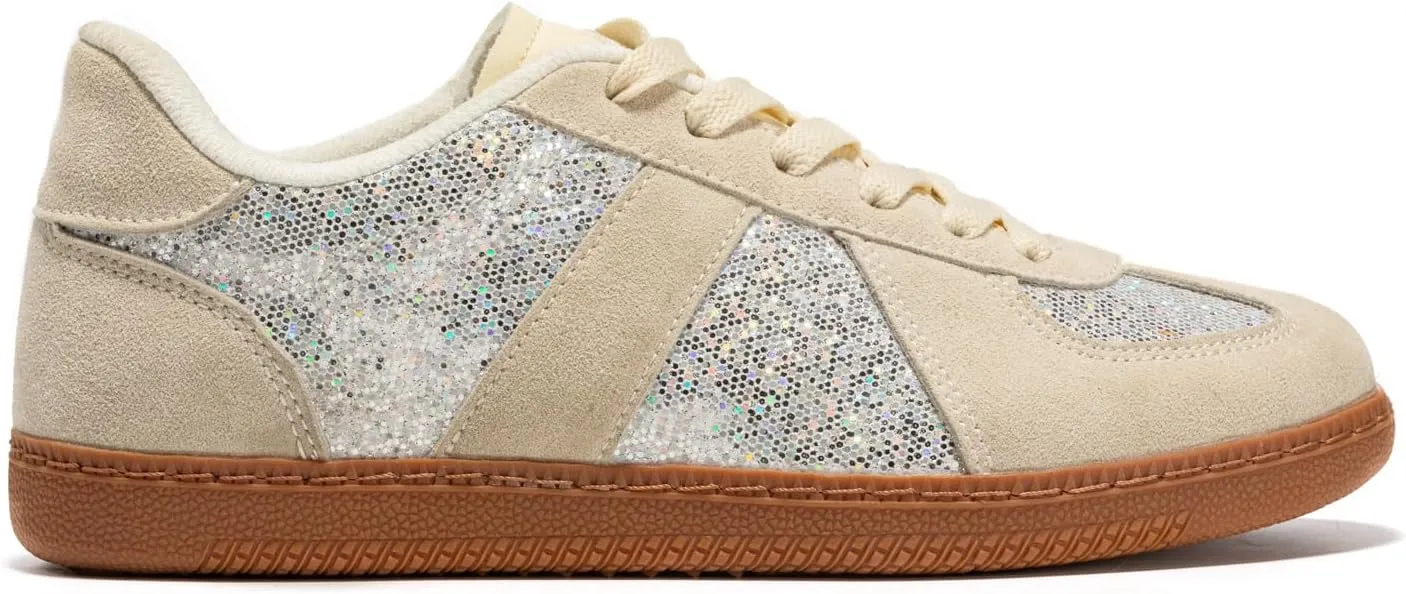 Women’s Glitter Sparkly Fashion Sneakers – Classic Retro Lace-Up Trainers with Non-Slip Gum Sole and Cushioned Insole for Casual Walking Street Style