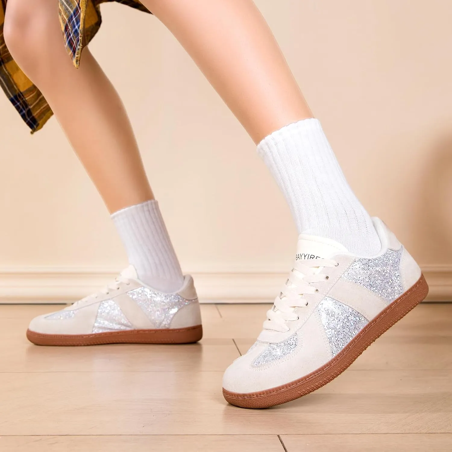 Women’s Glitter Sparkly Fashion Sneakers – Classic Retro Lace-Up Trainers with Non-Slip Gum Sole and Cushioned Insole for Casual Walking Street Style