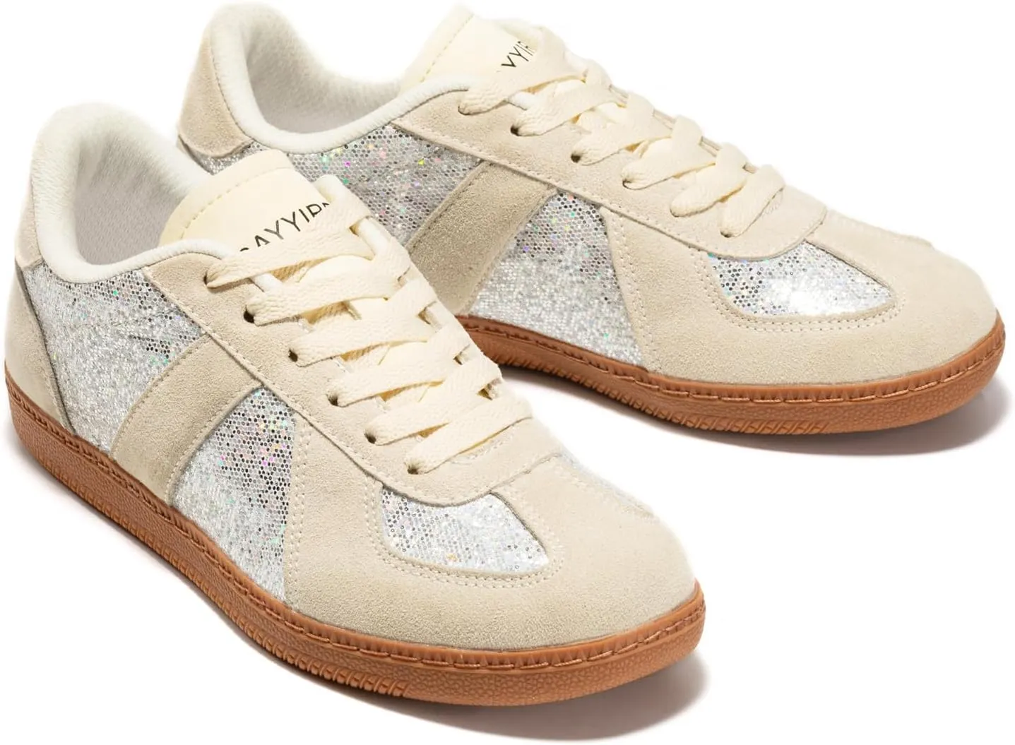 Women’s Glitter Sparkly Fashion Sneakers – Classic Retro Lace-Up Trainers with Non-Slip Gum Sole and Cushioned Insole for Casual Walking Street Style