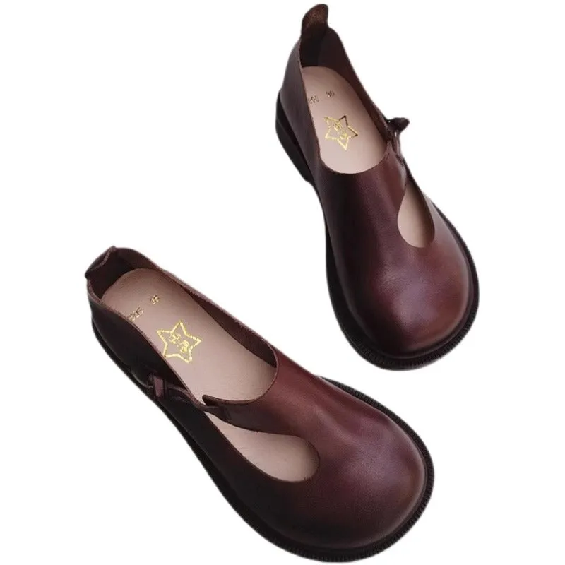 Women's Handmade Leather Wide Toe Box Casual Flats Slip-on Shoes