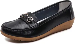 Women's Leather Classic Wedge Moccasins Slip-Ons Casual Walking Driving Shoes
