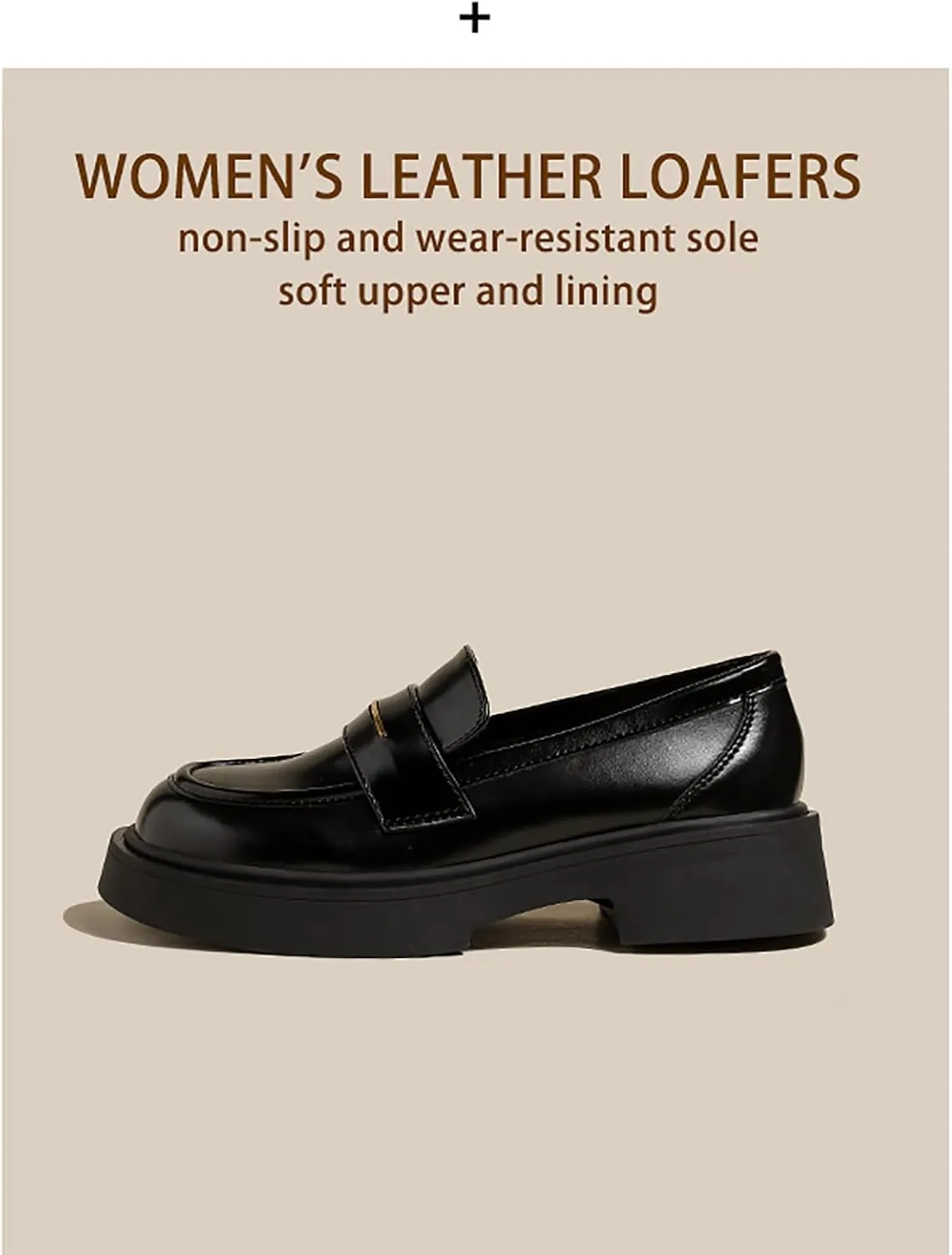 Women's Leather Platform Loafers - Chunky Heel Slip-On Shoes for Business & Casual, Round Toe Comfortable Work Dress Shoes with Cushioned Sole