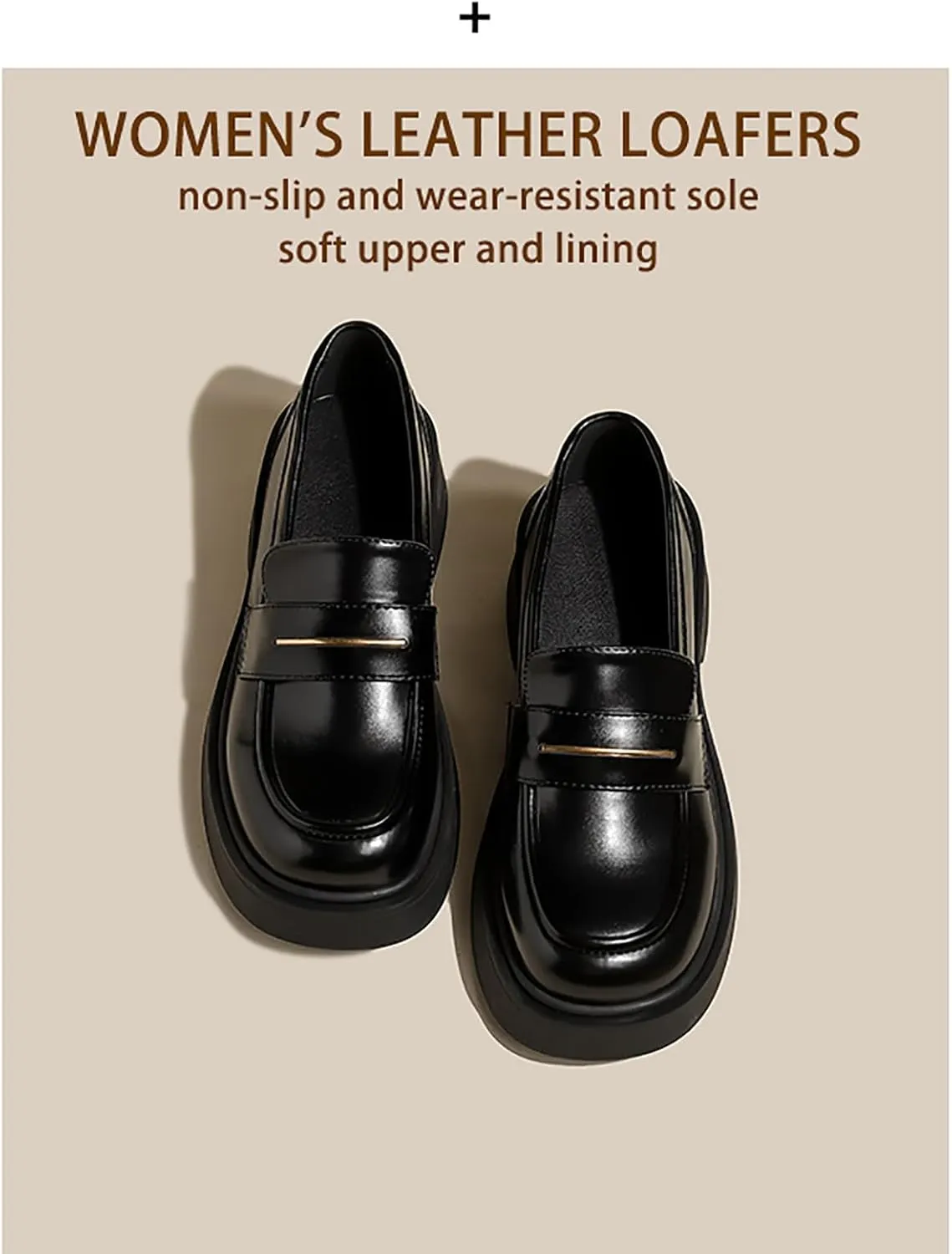 Women's Leather Platform Loafers - Chunky Heel Slip-On Shoes for Business & Casual, Round Toe Comfortable Work Dress Shoes with Cushioned Sole