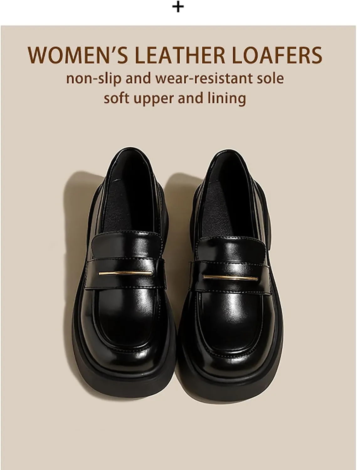 Women's Leather Platform Loafers - Chunky Heel Slip-On Shoes for Business & Casual, Round Toe Comfortable Work Dress Shoes with Cushioned Sole