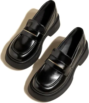 Women's Leather Platform Loafers - Chunky Heel Slip-On Shoes for Business & Casual, Round Toe Comfortable Work Dress Shoes with Cushioned Sole