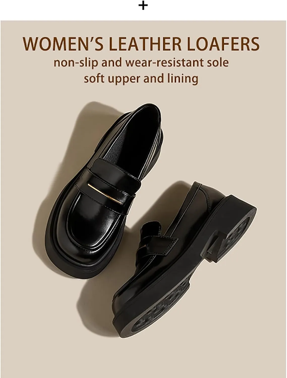 Women's Leather Platform Loafers - Chunky Heel Slip-On Shoes for Business & Casual, Round Toe Comfortable Work Dress Shoes with Cushioned Sole
