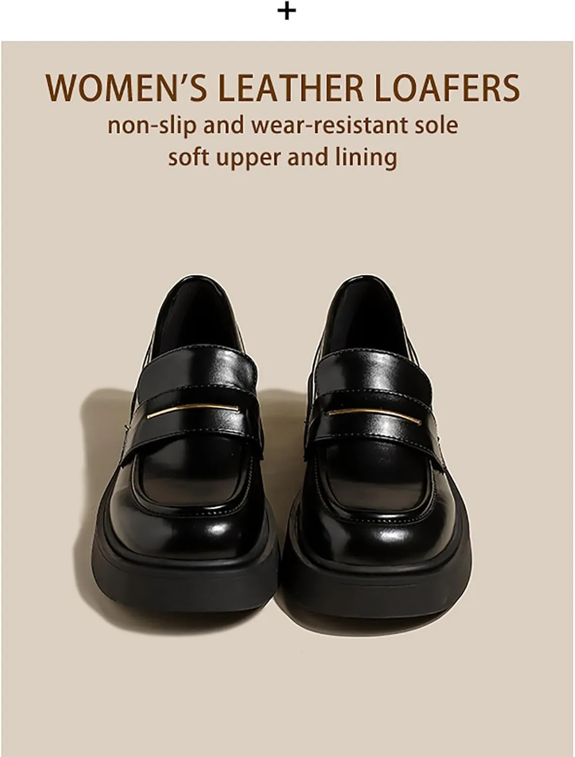 Women's Leather Platform Loafers - Chunky Heel Slip-On Shoes for Business & Casual, Round Toe Comfortable Work Dress Shoes with Cushioned Sole