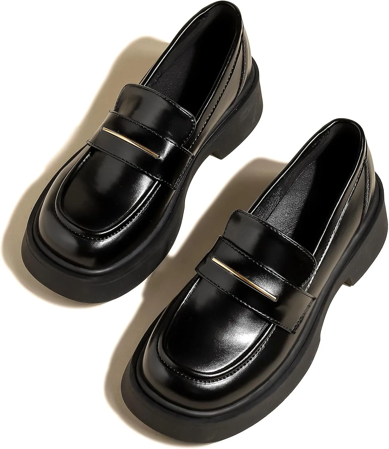 Women's Leather Platform Loafers - Chunky Heel Slip-On Shoes for Business & Casual, Round Toe Comfortable Work Dress Shoes with Cushioned Sole
