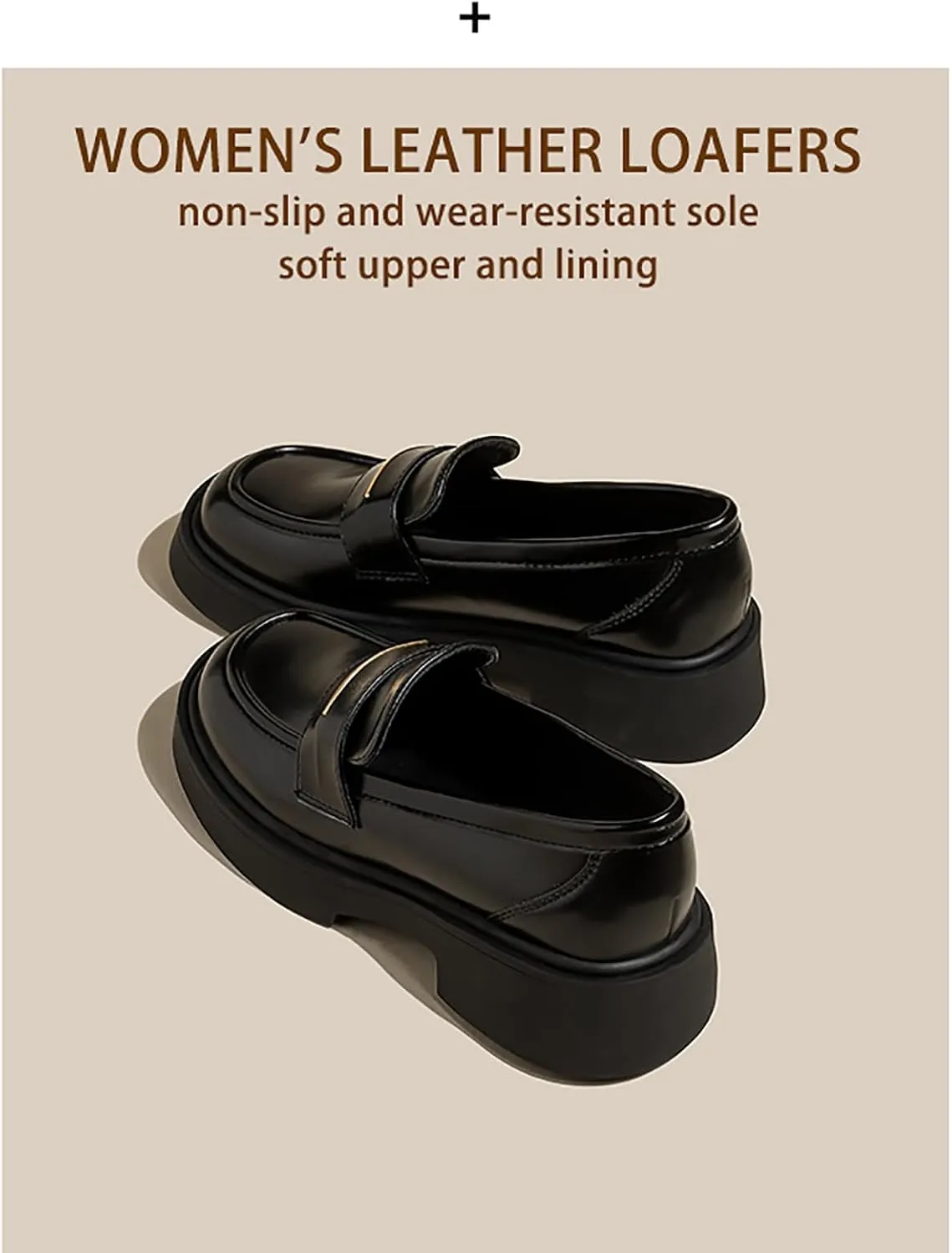 Women's Leather Platform Loafers - Chunky Heel Slip-On Shoes for Business & Casual, Round Toe Comfortable Work Dress Shoes with Cushioned Sole