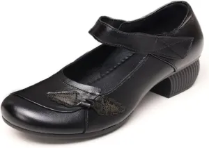 Women's Leather Retro Flowers Ankle Strap Chunky Low Heel Mary Janes Autumn Round Head Shallow Mouth Hook Loop Backless Dress Block Heel Shoes for Office Work