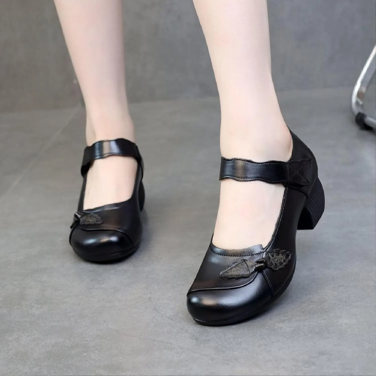 Women's Leather Retro Flowers Ankle Strap Chunky Low Heel Mary Janes Autumn Round Head Shallow Mouth Hook Loop Backless Dress Block Heel Shoes for Office Work