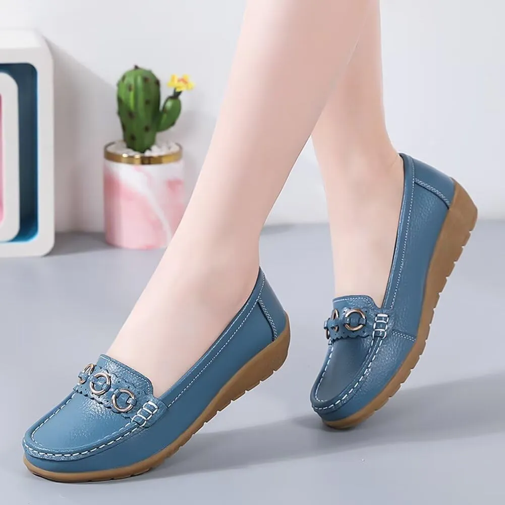 Women's Leather Wedge Moccasins Pumps Boat Shoes Casual Cushion Driving Slip-Ons