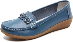 Women's Leather Wedge Moccasins Pumps Boat Shoes Casual Cushion Driving Slip-Ons