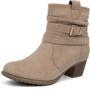 Women's Mid Calf Boots,Round Toe Comfort Low Heel Slouchy Dress zip booties with Jeweled strap