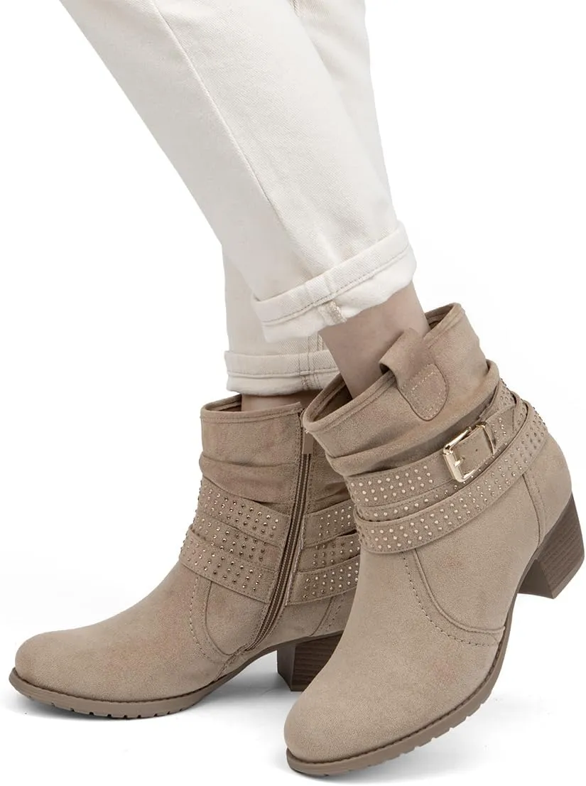 Women's Mid Calf Boots,Round Toe Comfort Low Heel Slouchy Dress zip booties with Jeweled strap