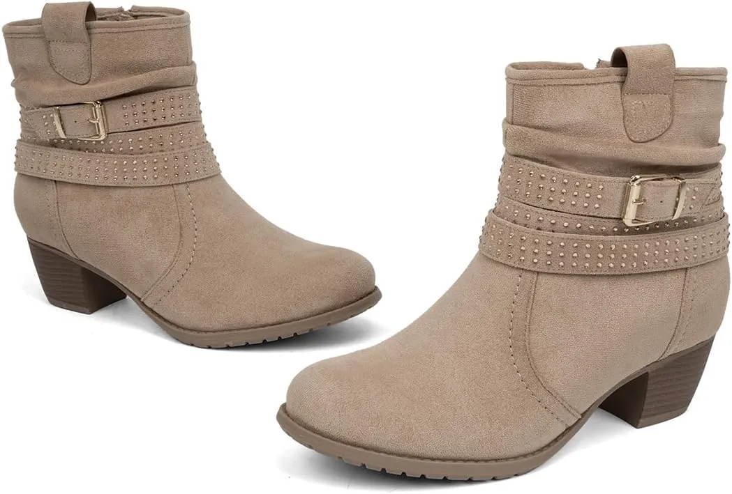 Women's Mid Calf Boots,Round Toe Comfort Low Heel Slouchy Dress zip booties with Jeweled strap