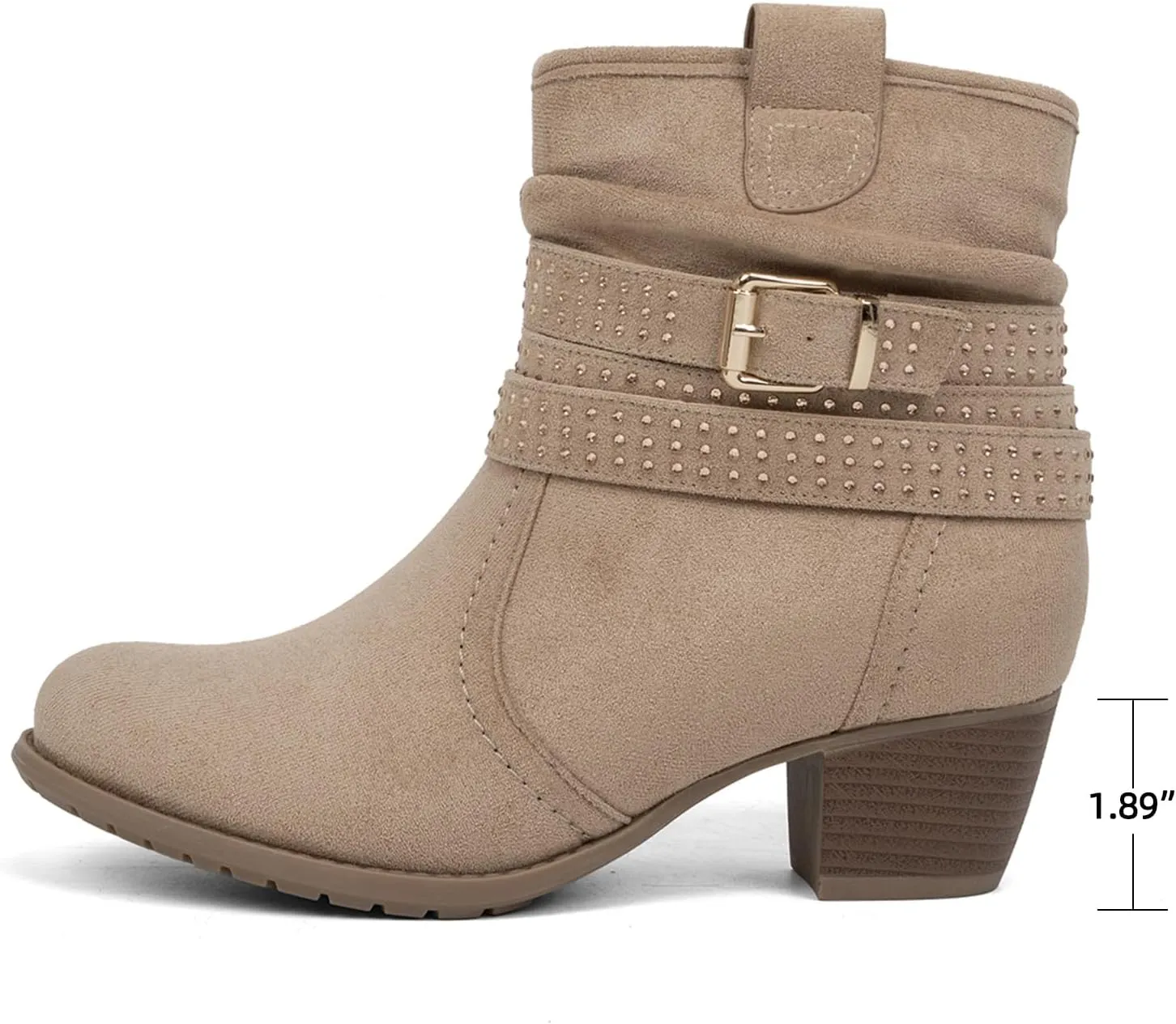 Women's Mid Calf Boots,Round Toe Comfort Low Heel Slouchy Dress zip booties with Jeweled strap