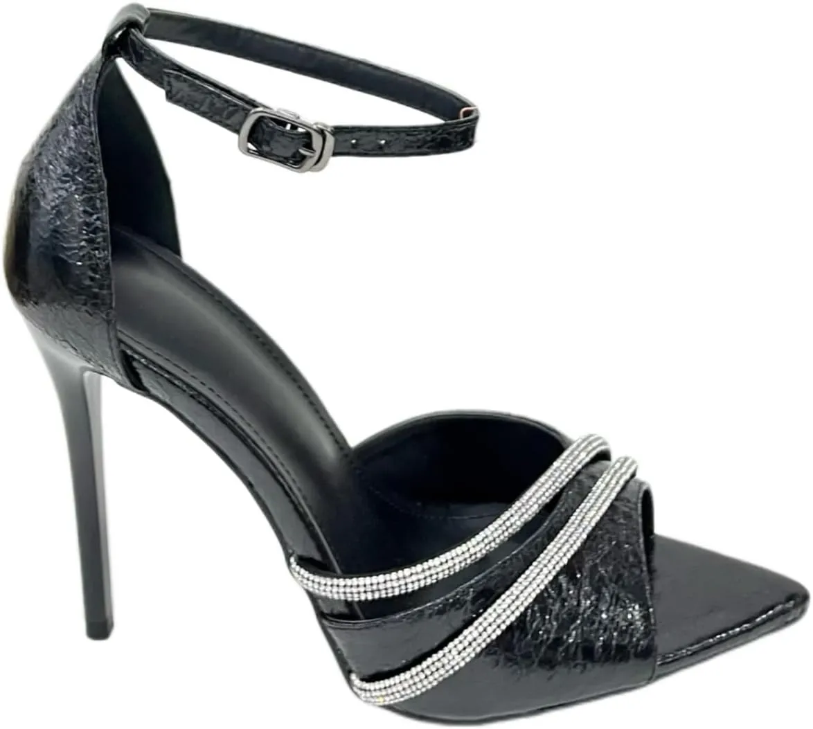 Womens Open Toe Ankle Strap Spaghetti Strap Formal Rhinestone Pointed Toe Spaghetti Heeled Sandals