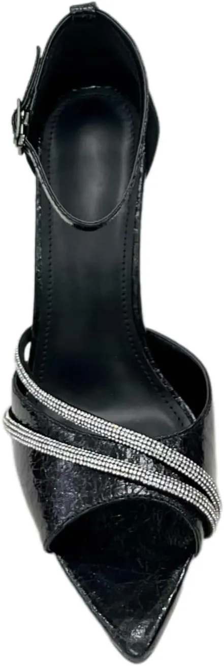Womens Open Toe Ankle Strap Spaghetti Strap Formal Rhinestone Pointed Toe Spaghetti Heeled Sandals