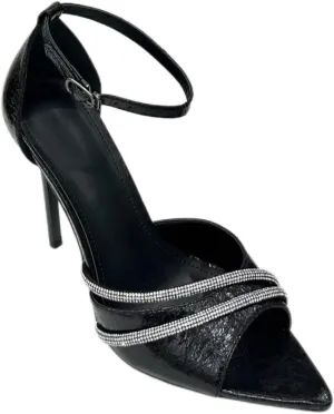 Womens Open Toe Ankle Strap Spaghetti Strap Formal Rhinestone Pointed Toe Spaghetti Heeled Sandals