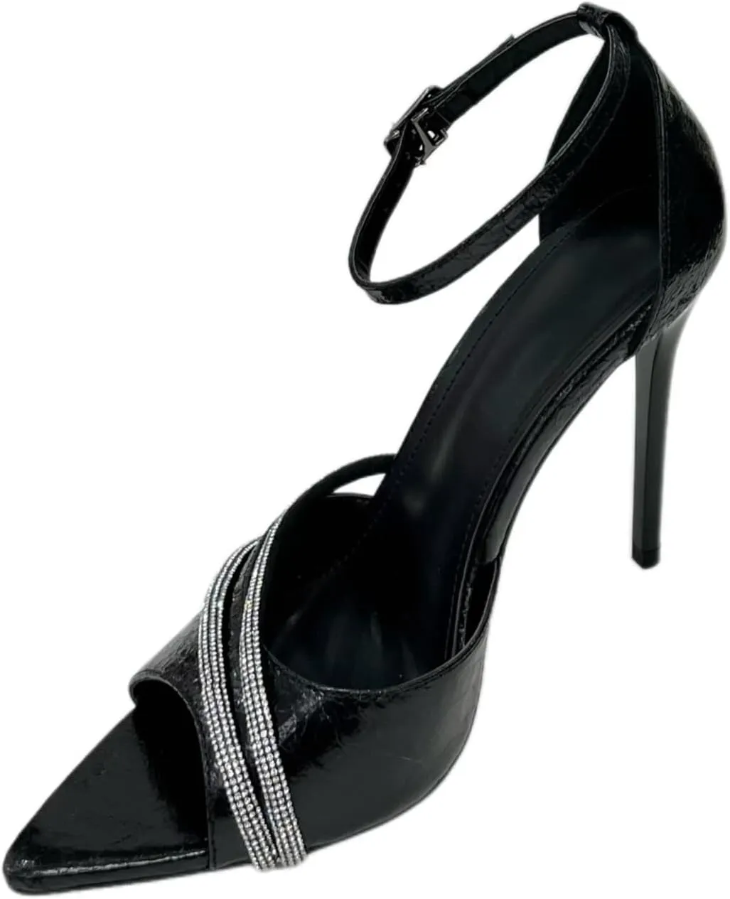 Womens Open Toe Ankle Strap Spaghetti Strap Formal Rhinestone Pointed Toe Spaghetti Heeled Sandals