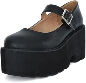 Women's Platform Mary Jane Shoes Vintage Round Toe Buckle Strap Casual Slip-on Walking Shoes