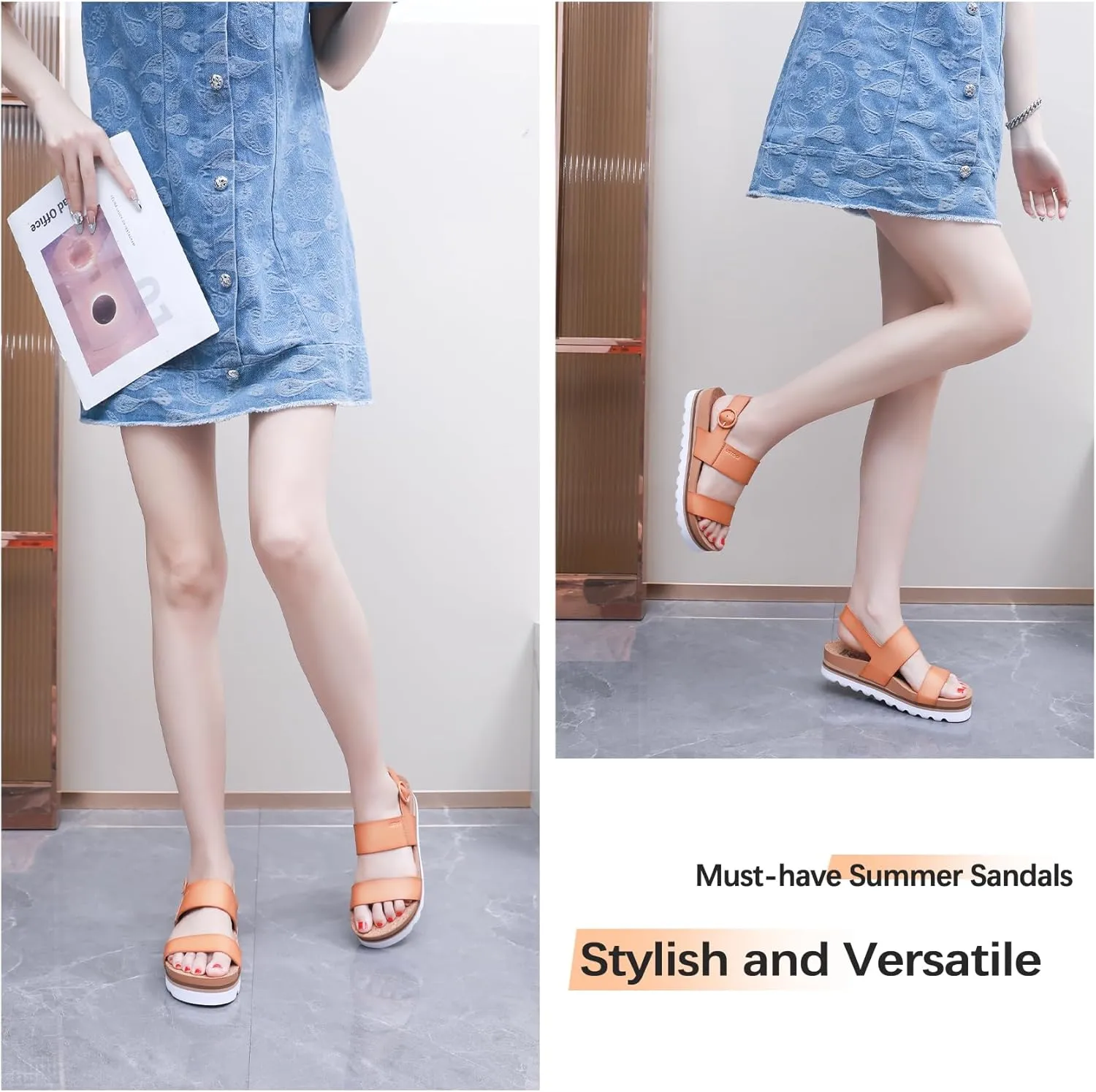 Women's Platform Sandals Arch Support Beach Slides for Woman Orthotic Summer Causal Cork Footbed Adjustable Buckle Elastic Band Cushion Cute Flatform sandalias de mujer