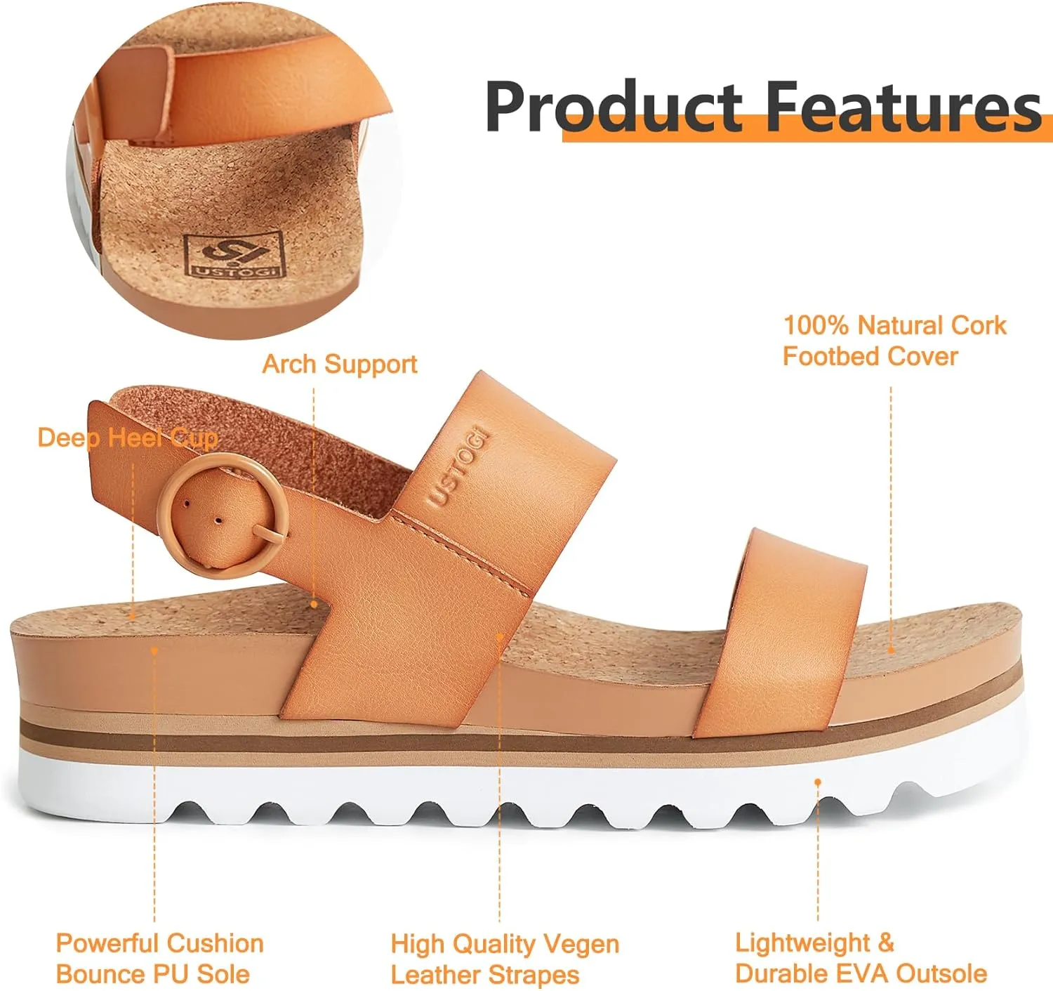Women's Platform Sandals Arch Support Beach Slides for Woman Orthotic Summer Causal Cork Footbed Adjustable Buckle Elastic Band Cushion Cute Flatform sandalias de mujer