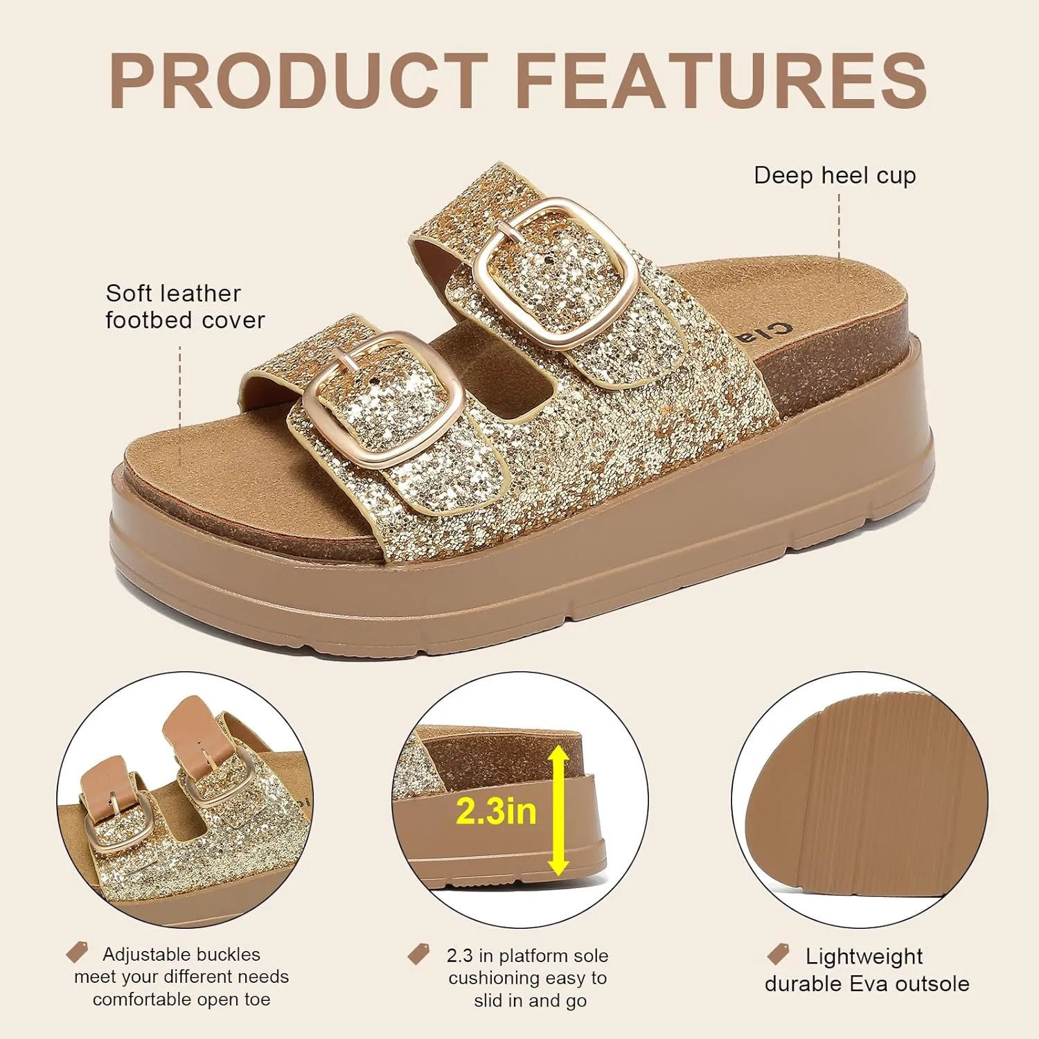 Womens Platform Sandals Cork Footbed with Comfort Double Buckles,Slip on Platform Slides Summer Beach Wide Widths Sandal Shoes
