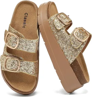Womens Platform Sandals Cork Footbed with Comfort Double Buckles,Slip on Platform Slides Summer Beach Wide Widths Sandal Shoes
